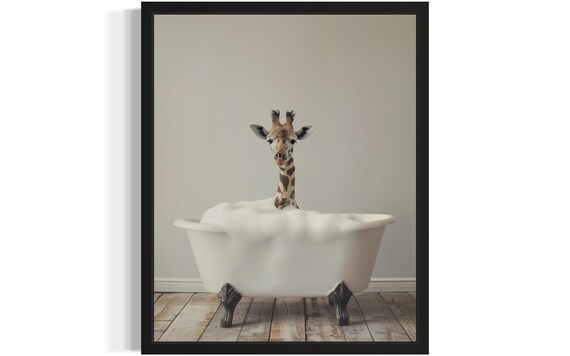 Baby Giraffe Head Rising from a White Bubble Bath Tub Photo Poster