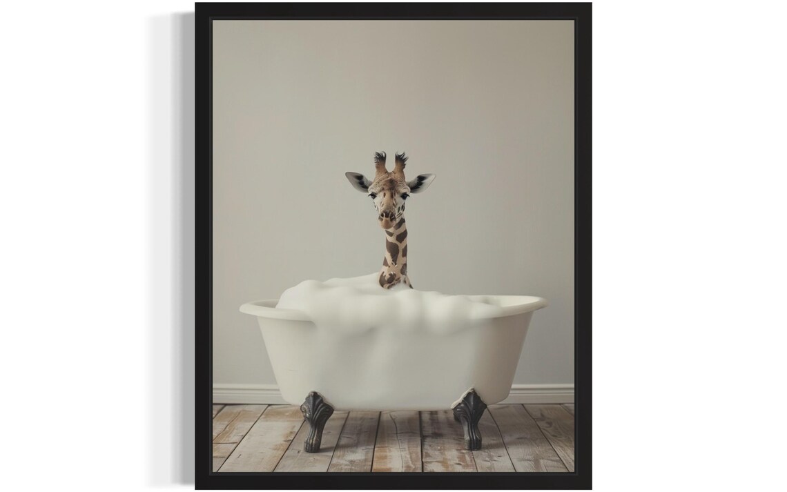 Baby Giraffe Head Rising from a White Bubble Bath Tub Photo Poster