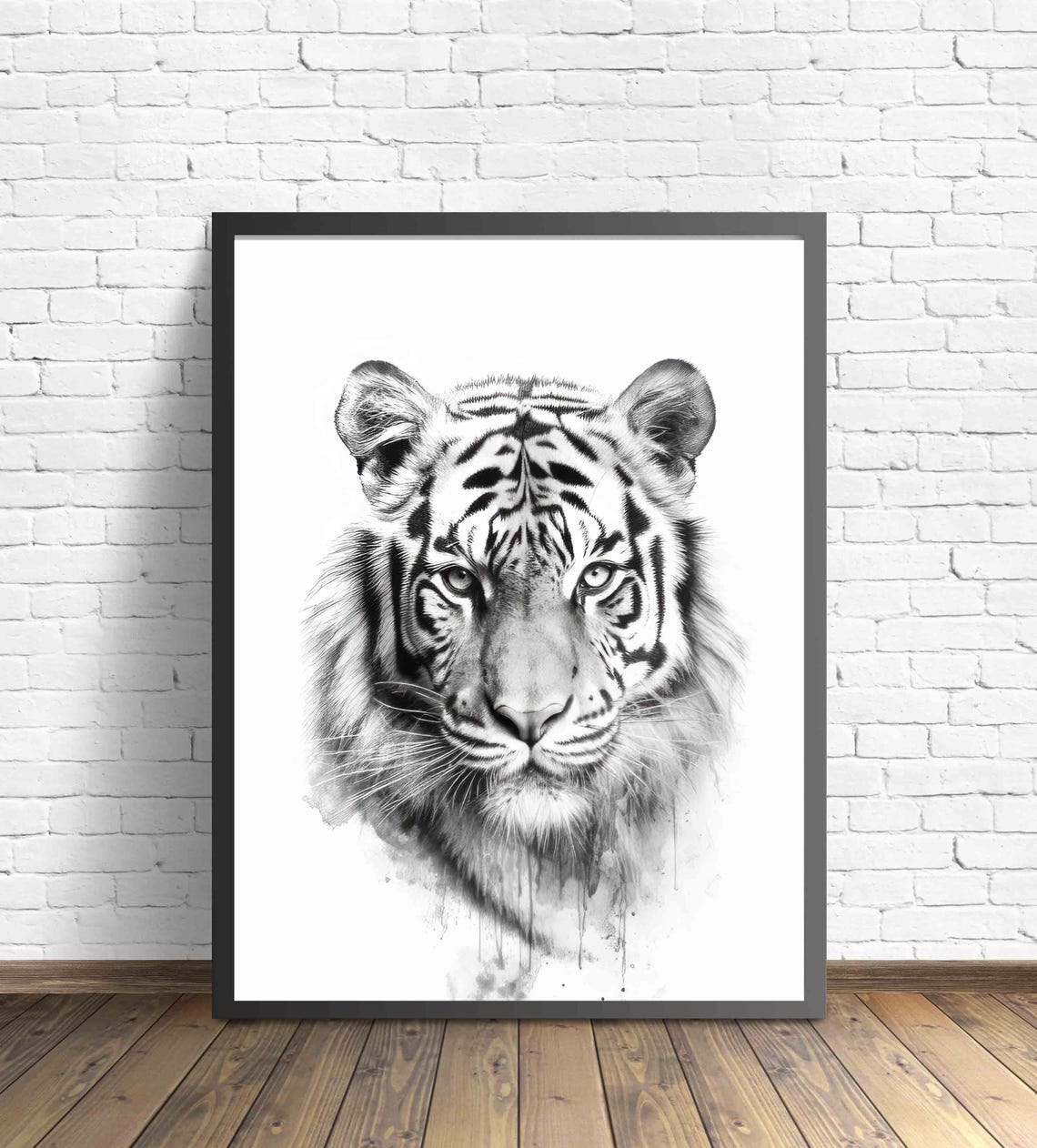 Tiger Black and White Watercolor Wild Big Cat Portrait Poster - Image 3