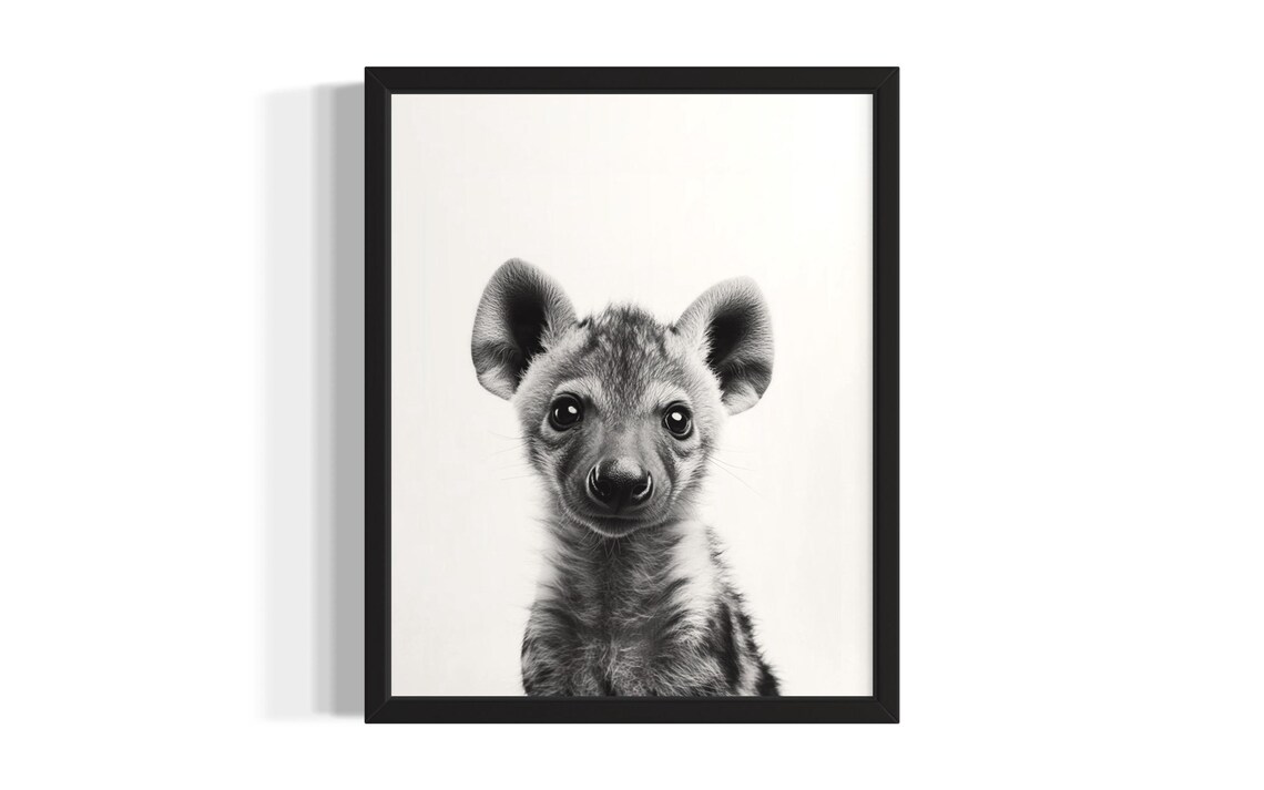 Baby Hyena Black And White Close Up Portrait Cute Wildlife Poster