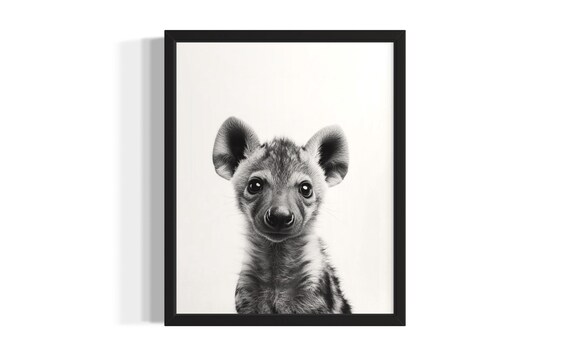 Baby Hyena Black And White Close Up Portrait Cute Wildlife Poster