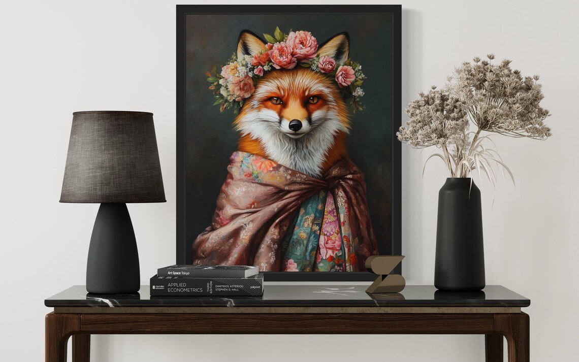 Smiling Red Fox Pink Flower Crown and Shawl Portrait Fine Art Decor Poster - Image 3