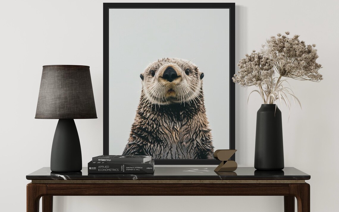 Playful Sea Otter Face Close-Up on Gray Background Photo Poster - Image 2