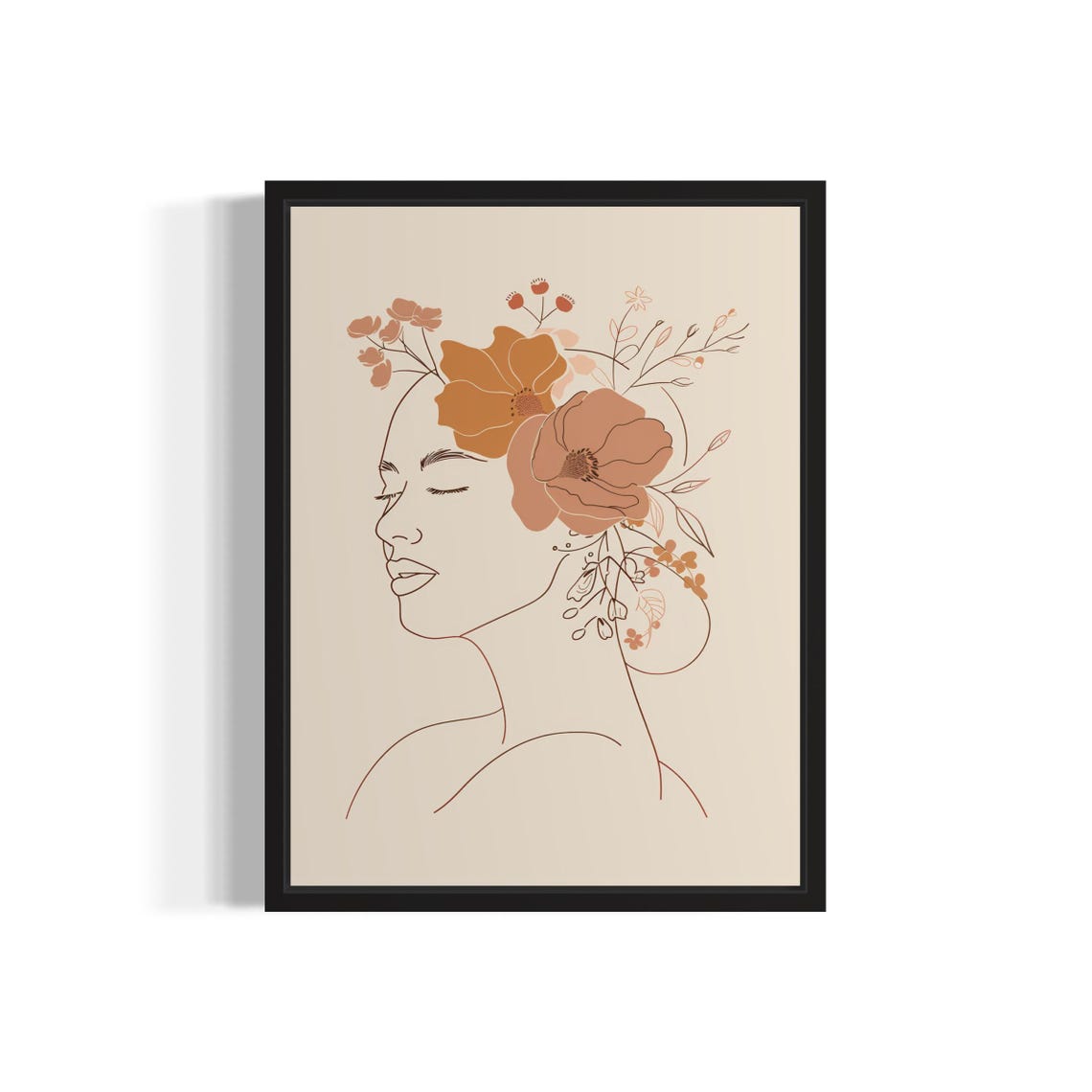 Woman Floral Crown Line Art Terracotta Boho Profile Art Poster