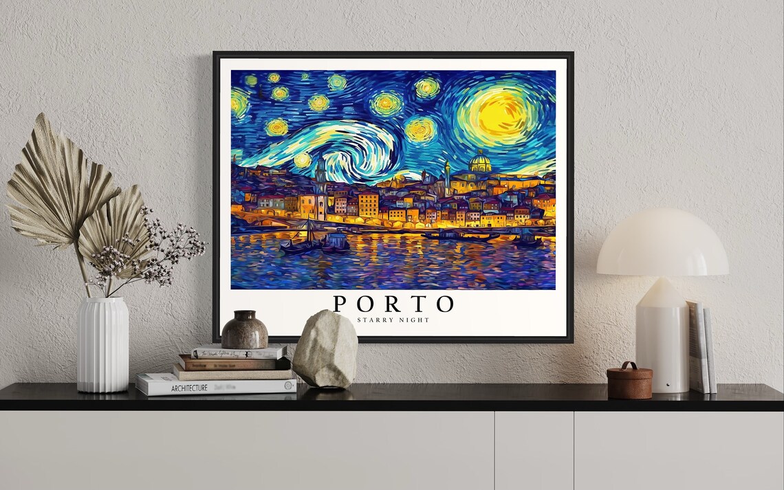 Porto Portugal Starry Night Glowing Riverside Cityscape Poster - Image 2