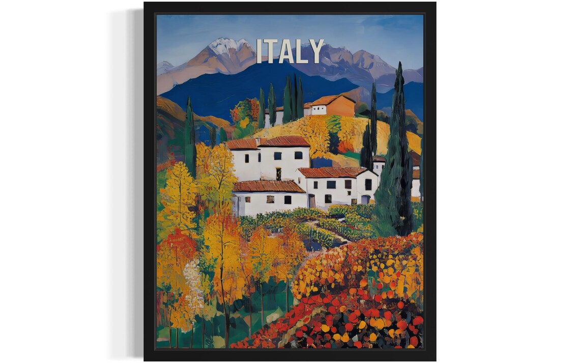 Italy Tuscan Hillside Village Cypress Autumn Travel Art Poster