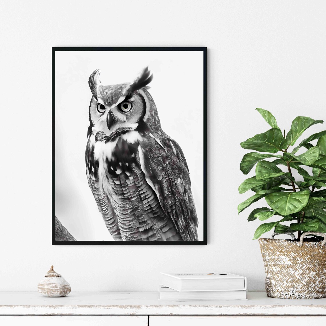 Great Horned Owl Black and White Wild Bird of Prey Portrait Poster - Image 2