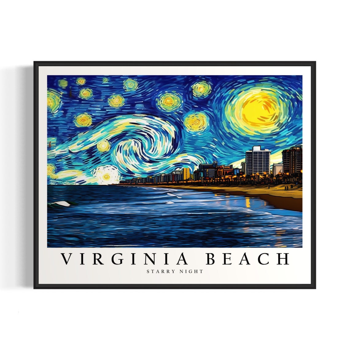 Virginia Beach Ocean Shore Starry Night Skyline Sunset View Art Poster