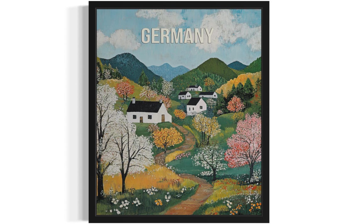 Germany Spring Blossom Village Rolling Green Hills Folk Art Poster