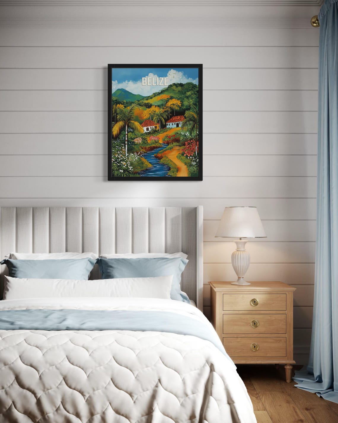 Belize Winding Blue Stream Palm Trees White Houses Folk Art Poster - Image 4