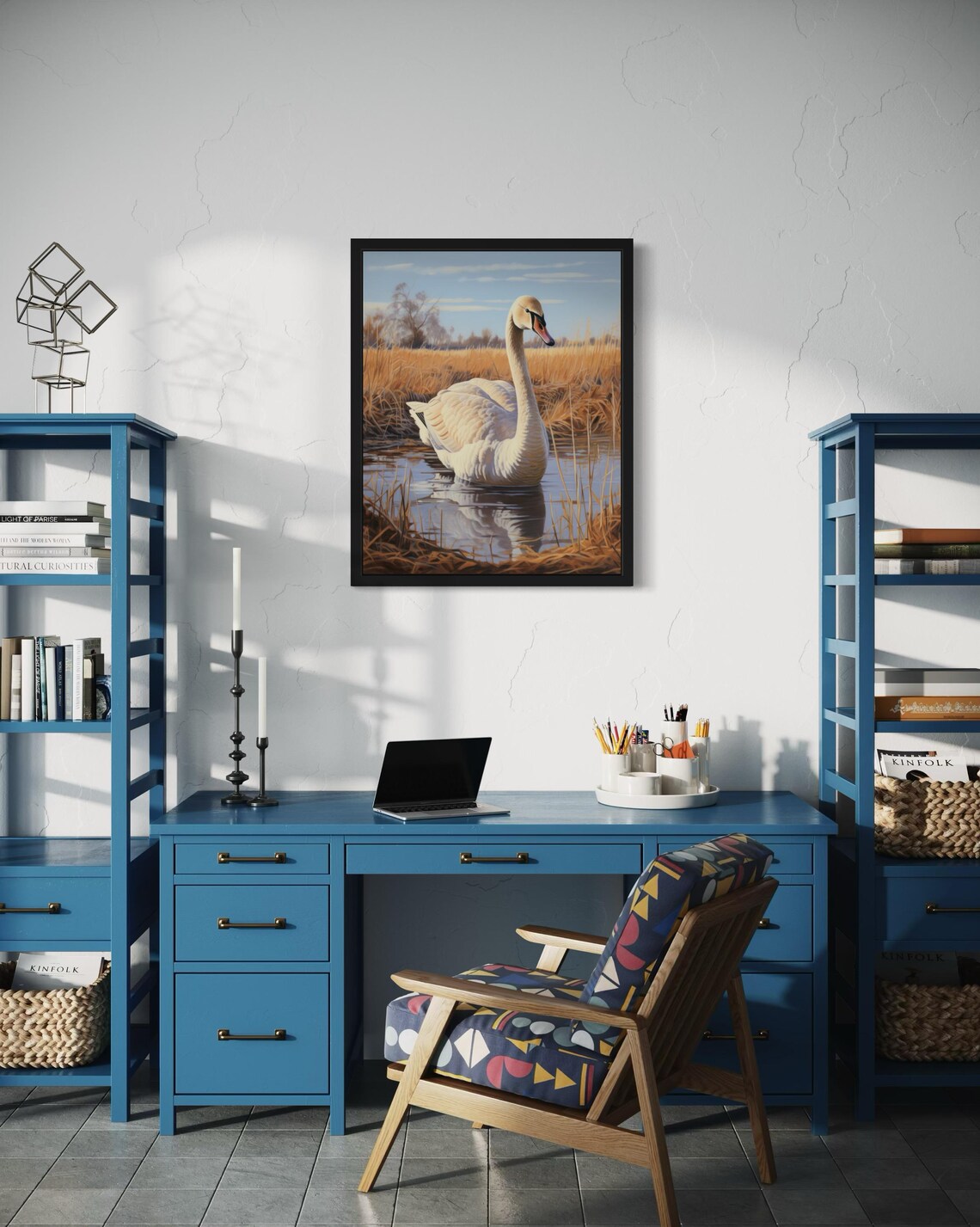 White Swan Wading In Golden Marsh Vintage Style Nature Poster - Image 3