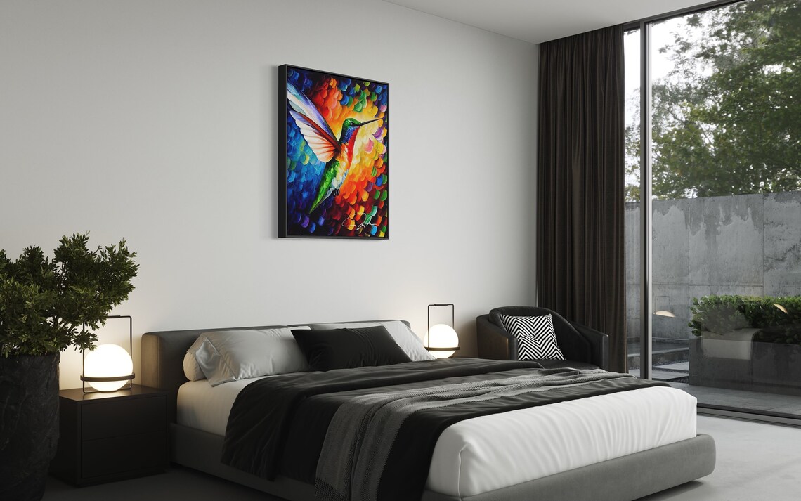 Colorful Hummingbird In Flight Jewel Tone Oil Painting Art Poster - Image 2