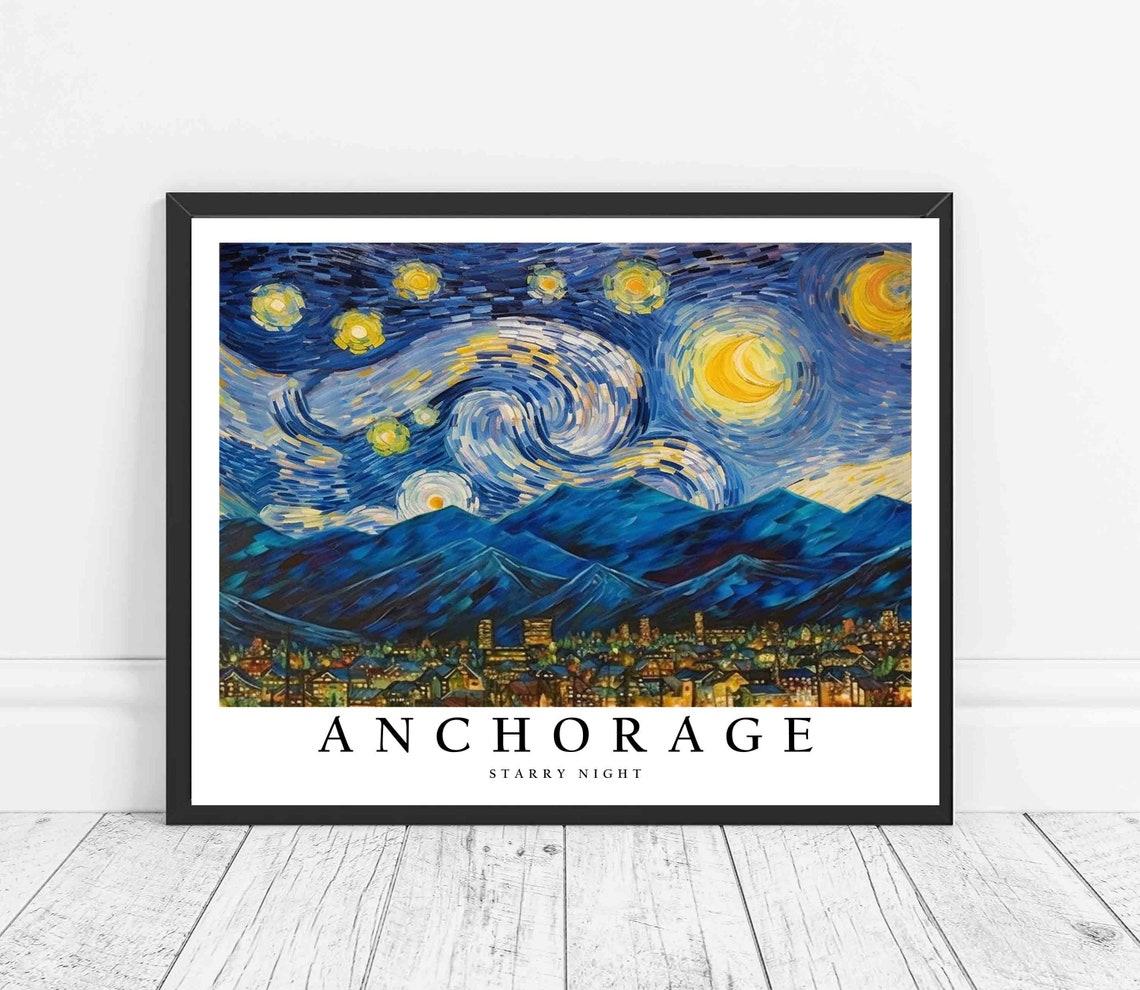 Anchorage Starry Night Mountain Peaks City Lights View Poster