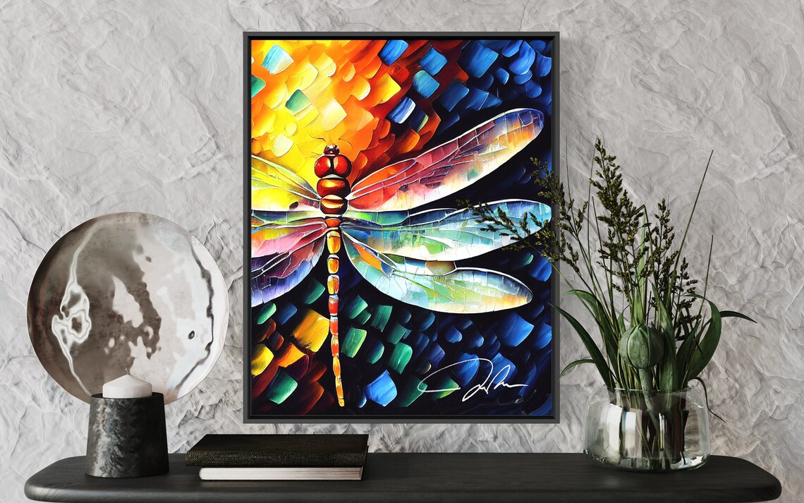 Colorful Dragonfly Mosaic Wings Glowing Oil Painting Nature Art Poster