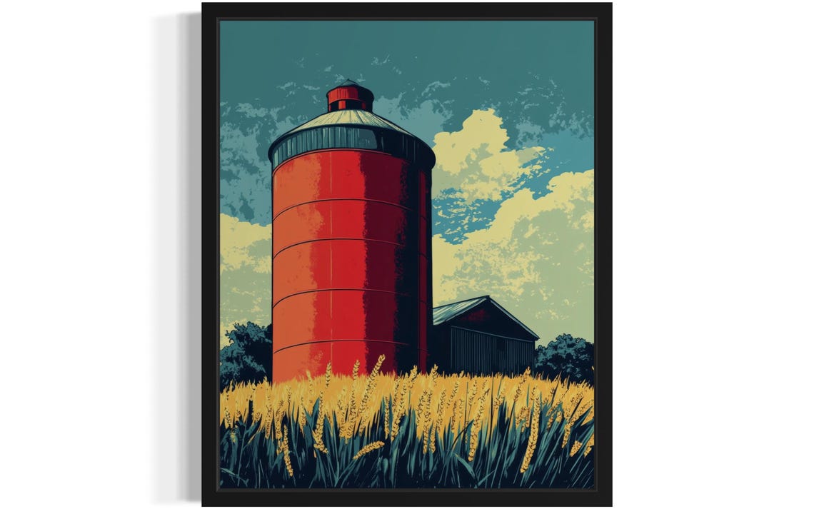 Red Grain Silo Wheat Field Retro Pop Art Farm Painting Poster