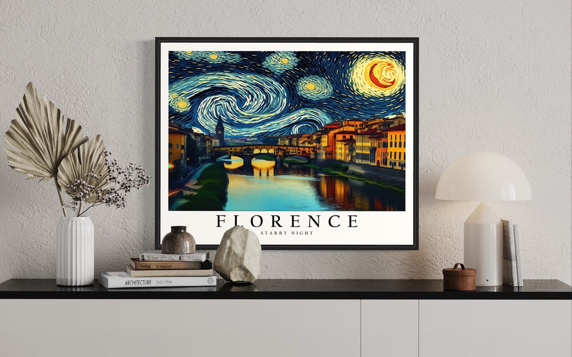 Florence Starry Night Ponte Vecchio Arno River Italy Art Poster - Image 2