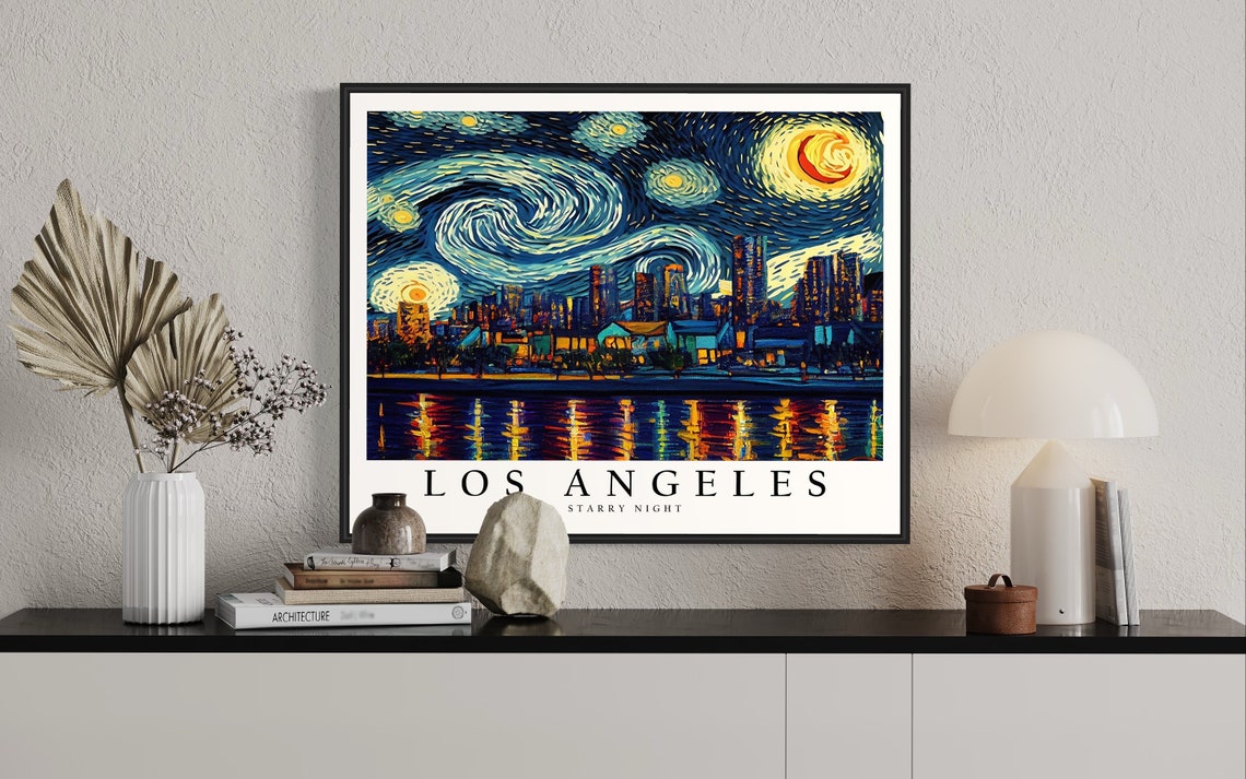 Los Angeles California Starry Night Downtown Skyline Art Poster - Image 2