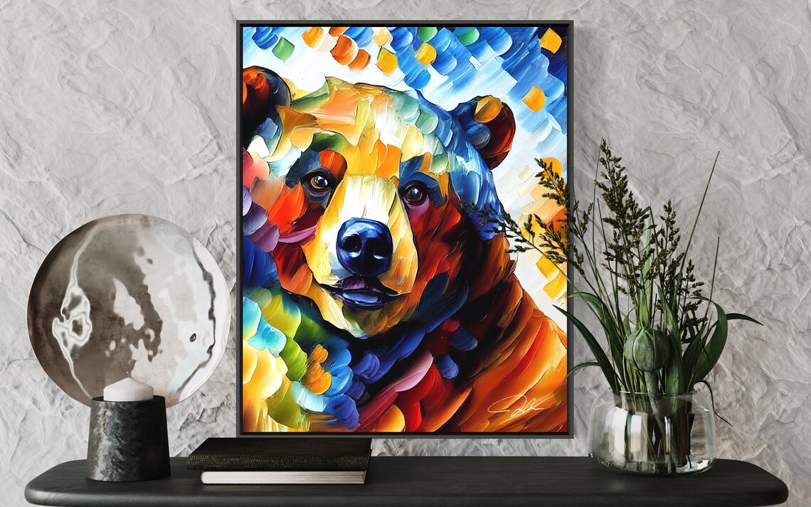 Colorful Bear Face Impasto Oil Painting Modern Pop Art Poster