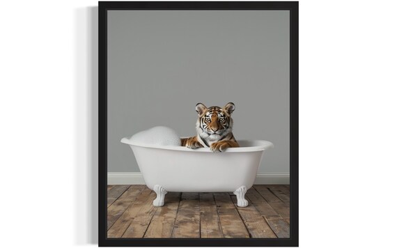 Tiger Cub with Paws Over a White Bubble Bath Tub Minimalist Photo Poster