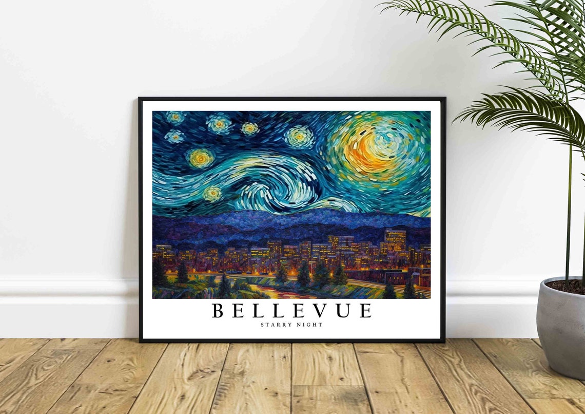 Bellevue Washington Starry Night City Lights Skyline Art Poster - Image 4