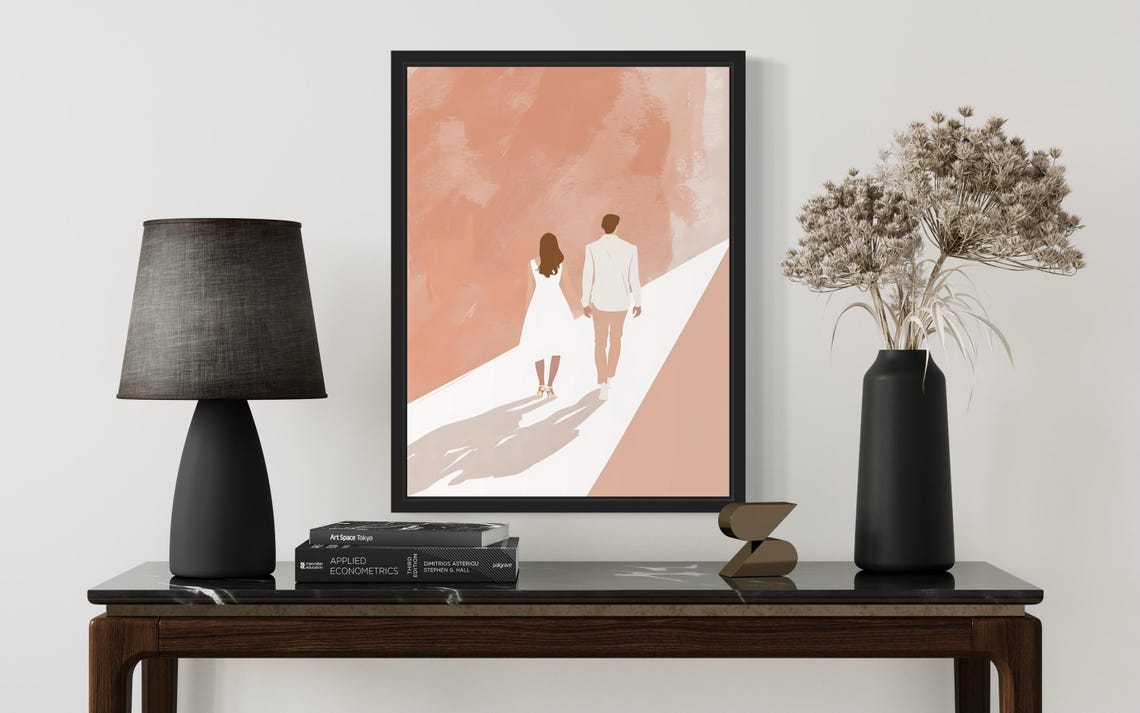 Couple Walking Hand In Hand Blush Beach Romantic Boho Art Poster - Image 3