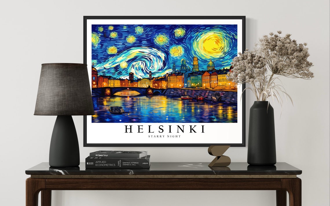 Helsinki Starry Night Harbor Bridge Waterfront Boats Night Poster - Image 3