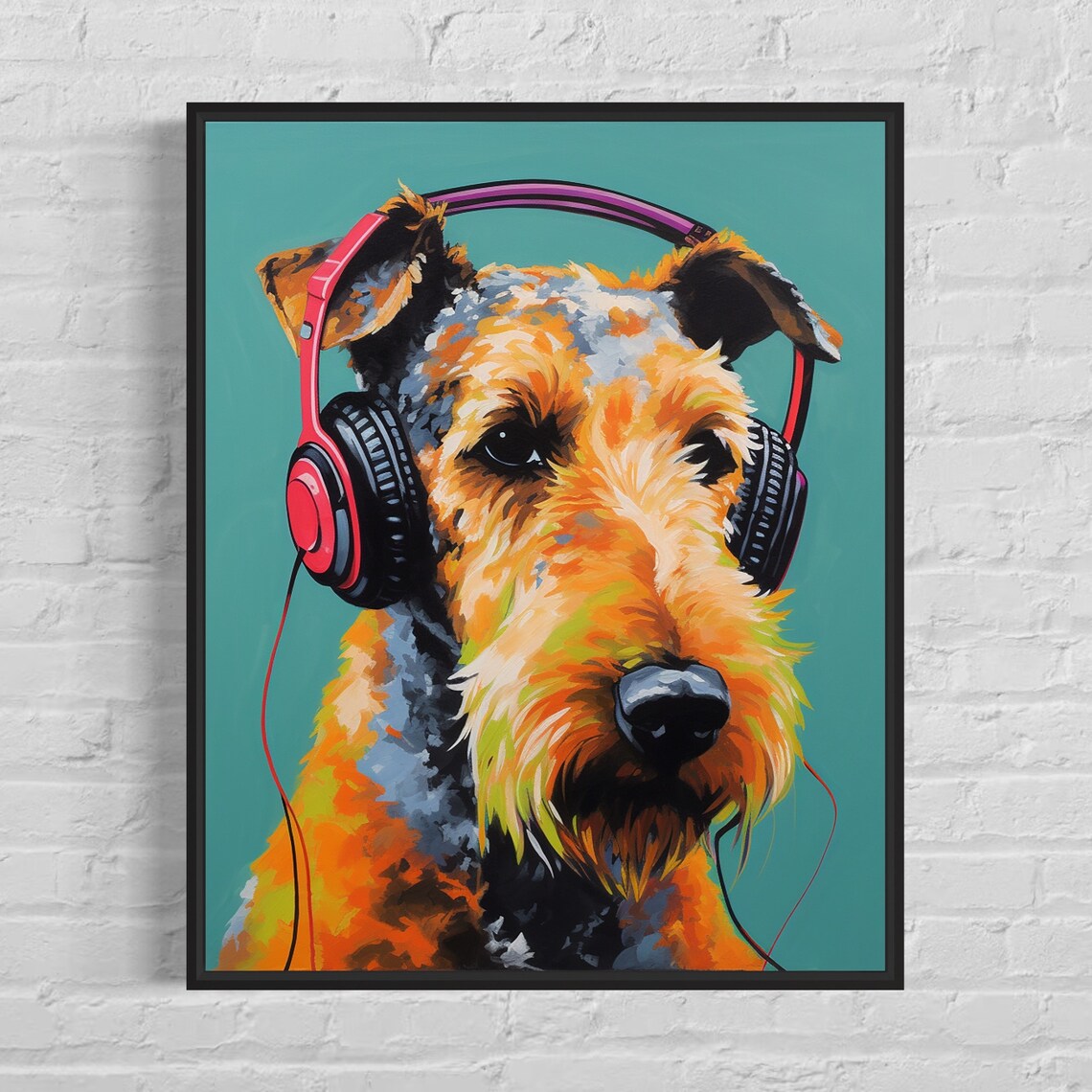 Airedale Terrier Dog Wearing Bright Pink Headphones Pop Art Poster