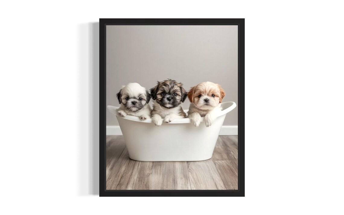 Three Shih Tzu Puppies in White Bathtub Cute Bathroom Poster