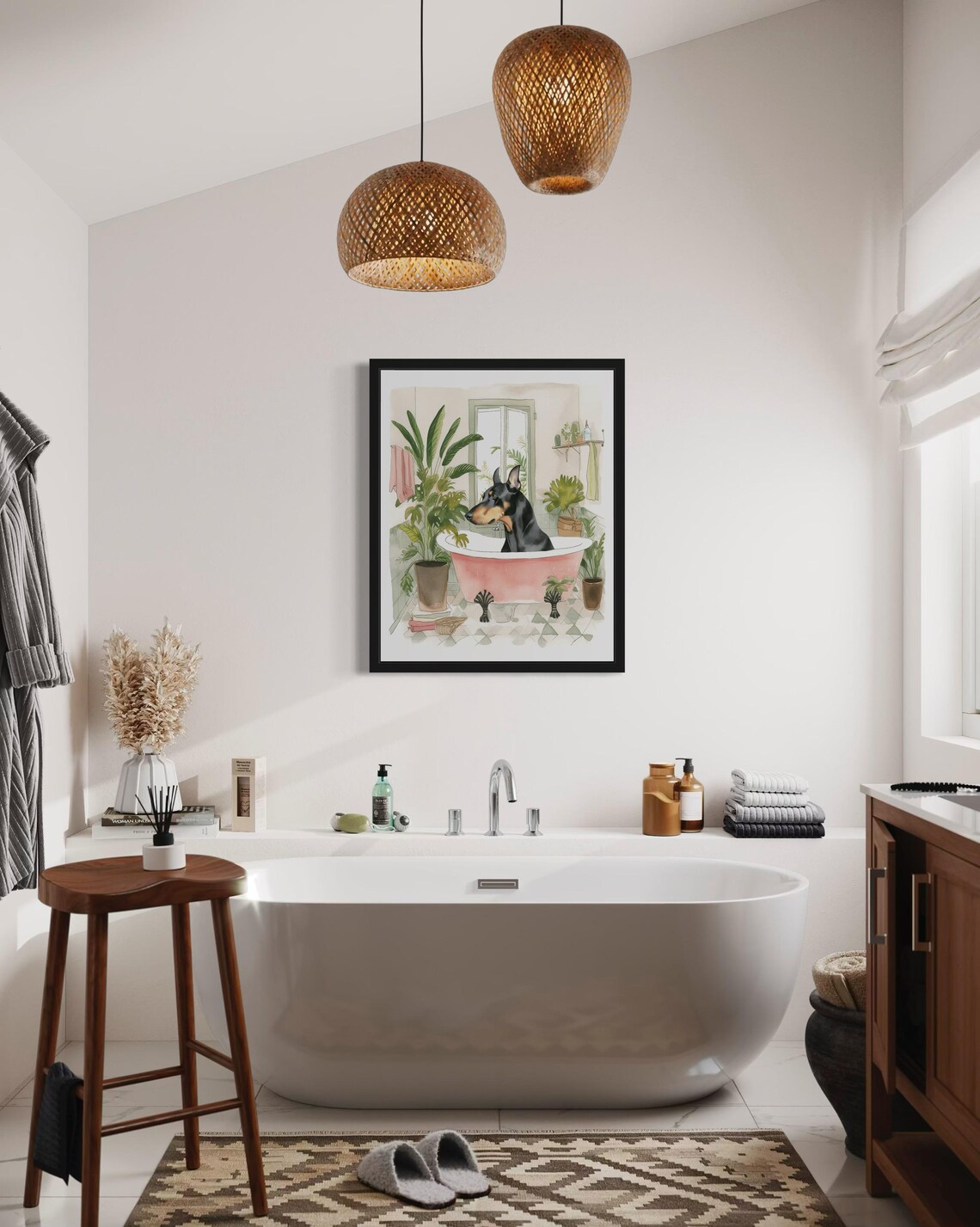 Dobermann Dog Bath Time Pink Clawfoot Tub Botanical Art Poster - Image 4