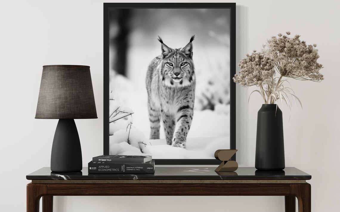 Lynx Walking Through Snowy Forest Black and White Photo Poster - Image 2
