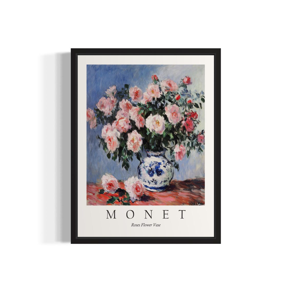 Pink Roses in a Porcelain Vase Monet Style Floral Still Life Poster