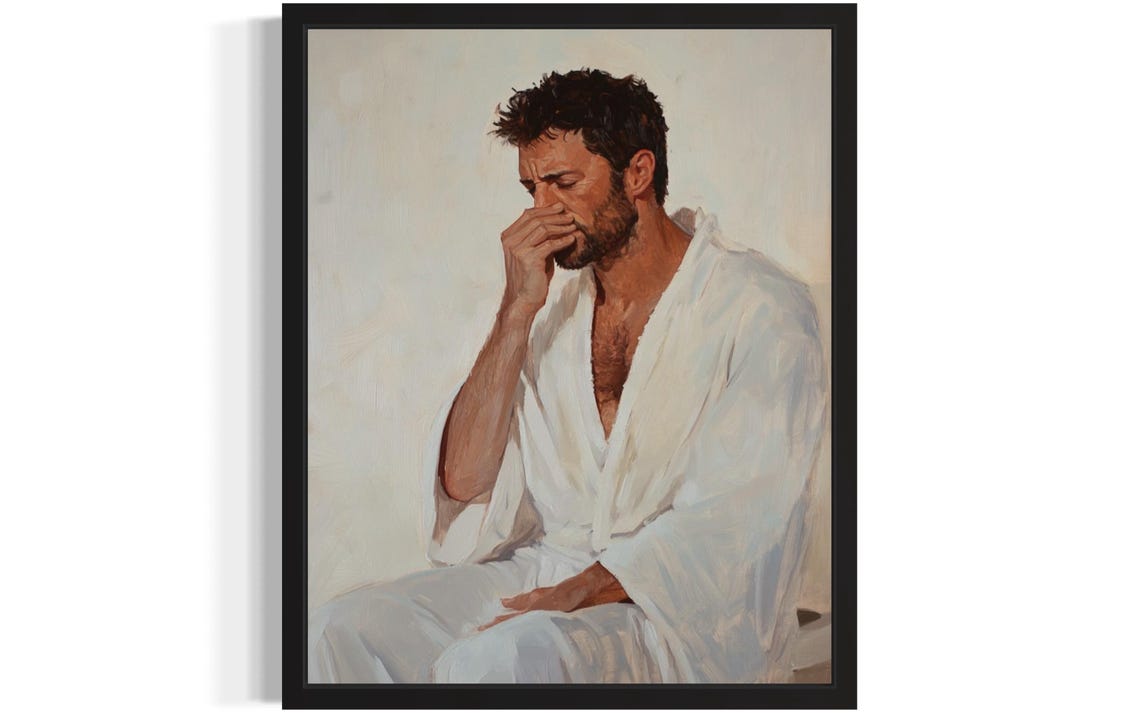 Bearded Man in White Robe Holding Nose Funny Bathroom Poster