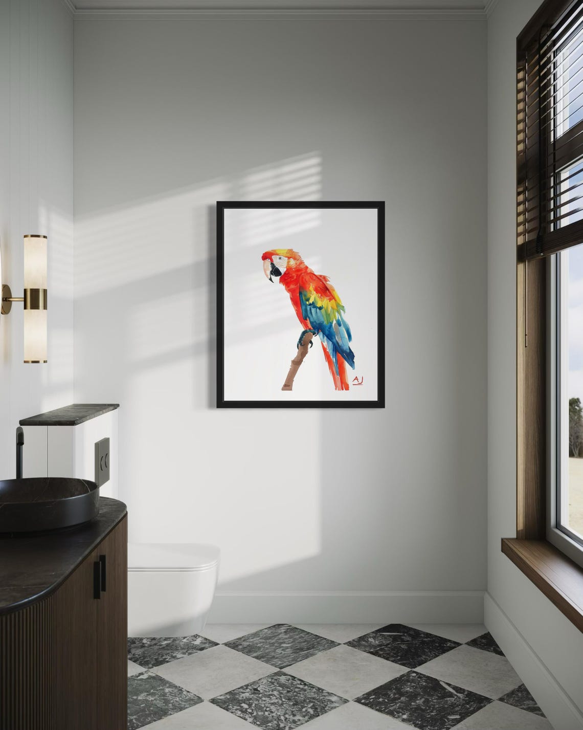 Scarlet Macaw Perched On Branch In Watercolor Parrot Art Poster - Image 4