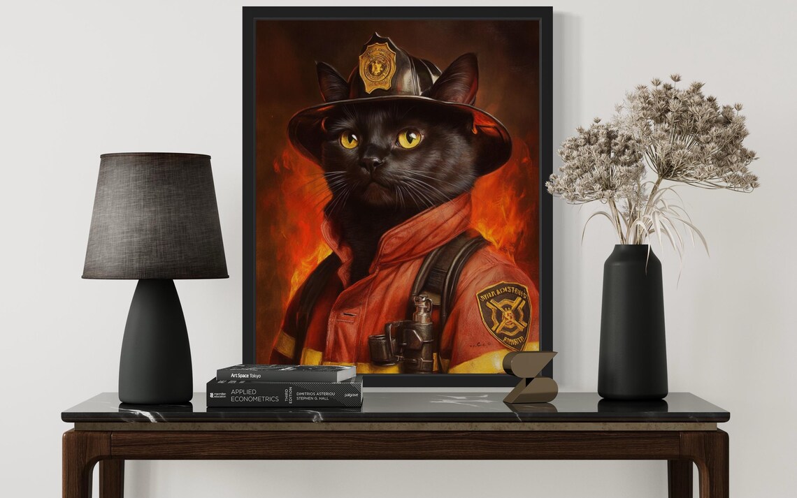 Firefighter Portrait Cat, Original Paint Artwork - Image 3