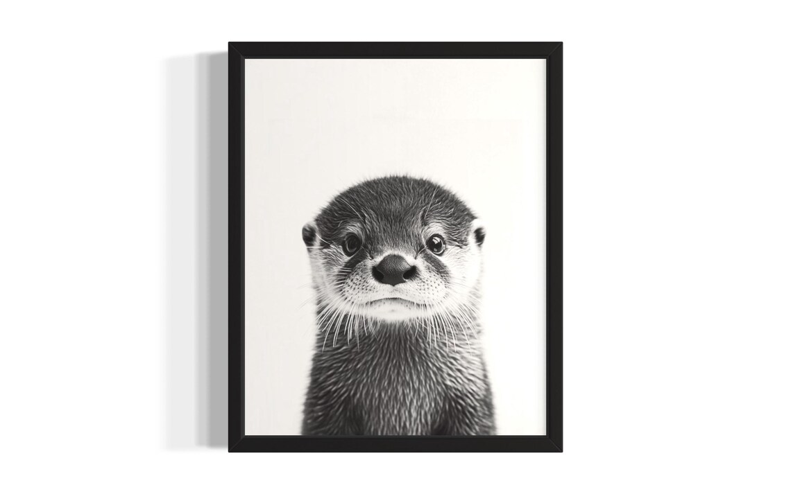 Baby Otter Close Up Portrait Black And White Wildlife Photo Poster