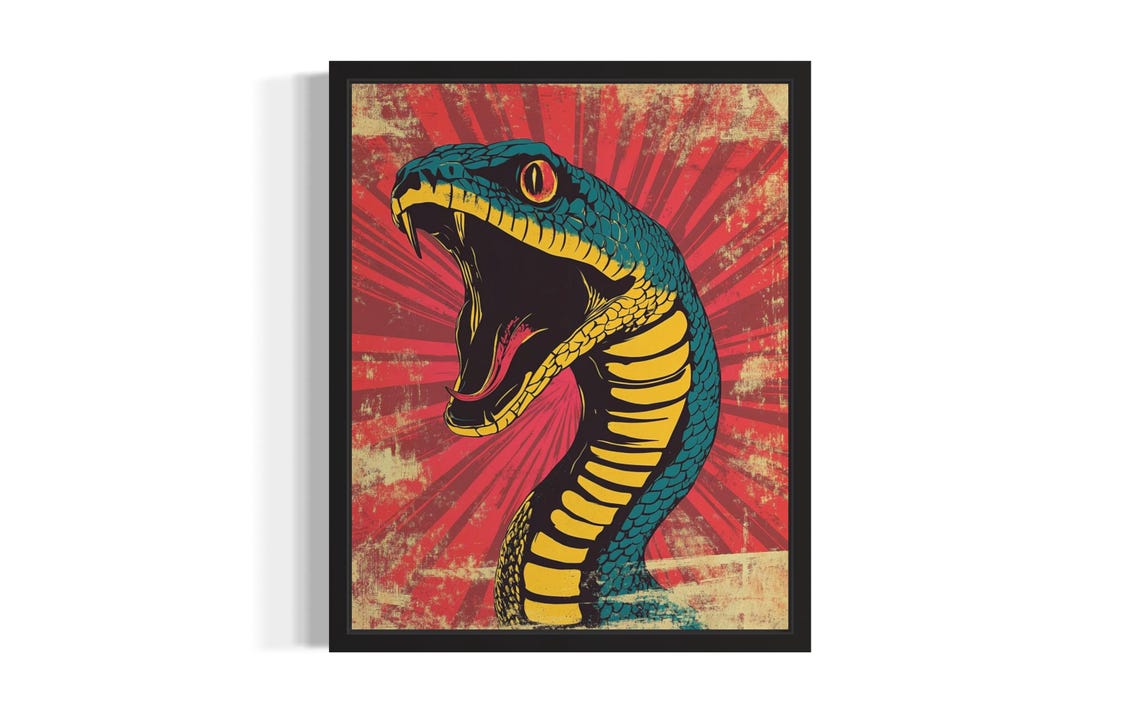 Striking Cobra Snake Red Rays Vintage Pop Art Reptile Poster