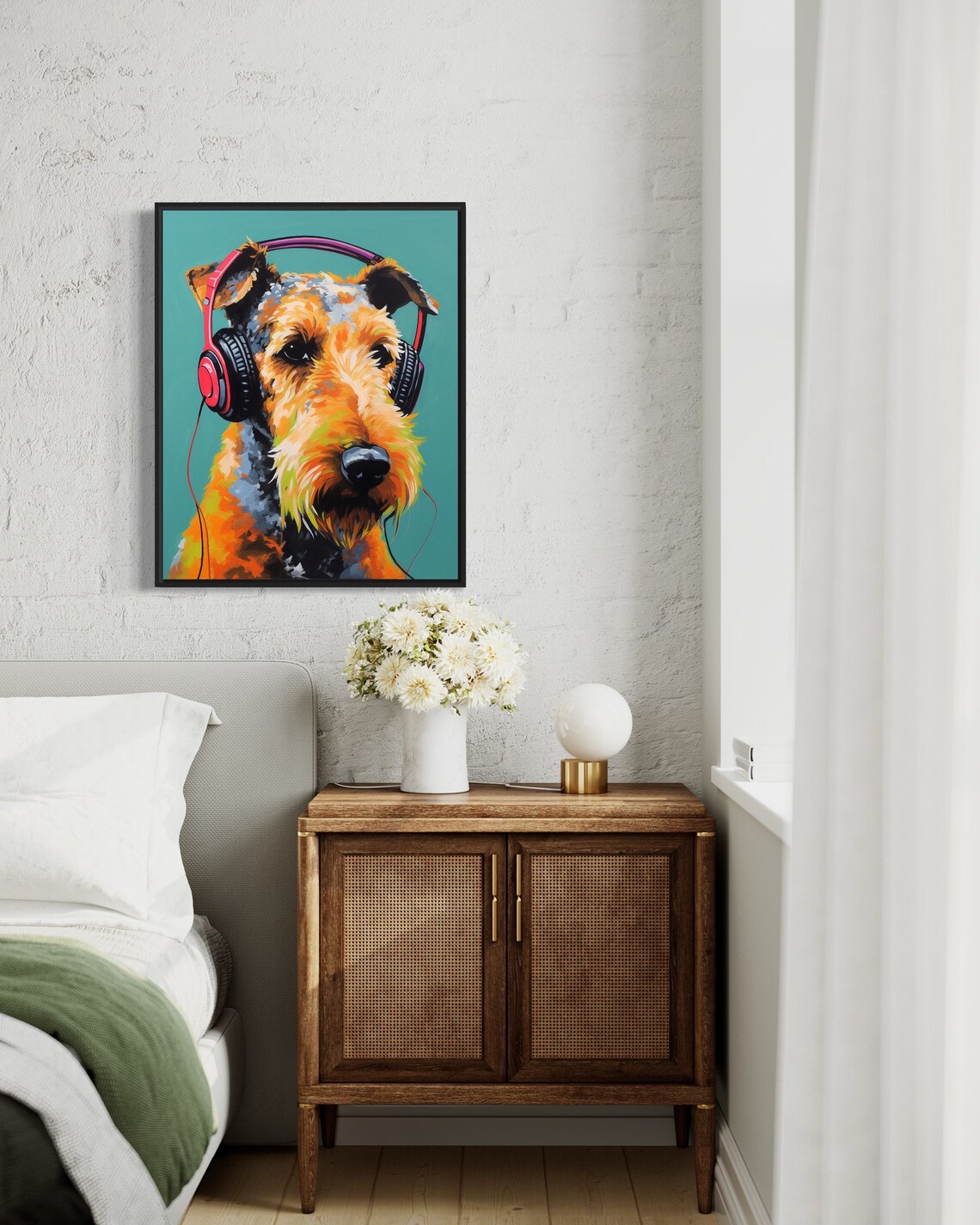 Airedale Terrier Dog Wearing Bright Pink Headphones Pop Art Poster - Image 2