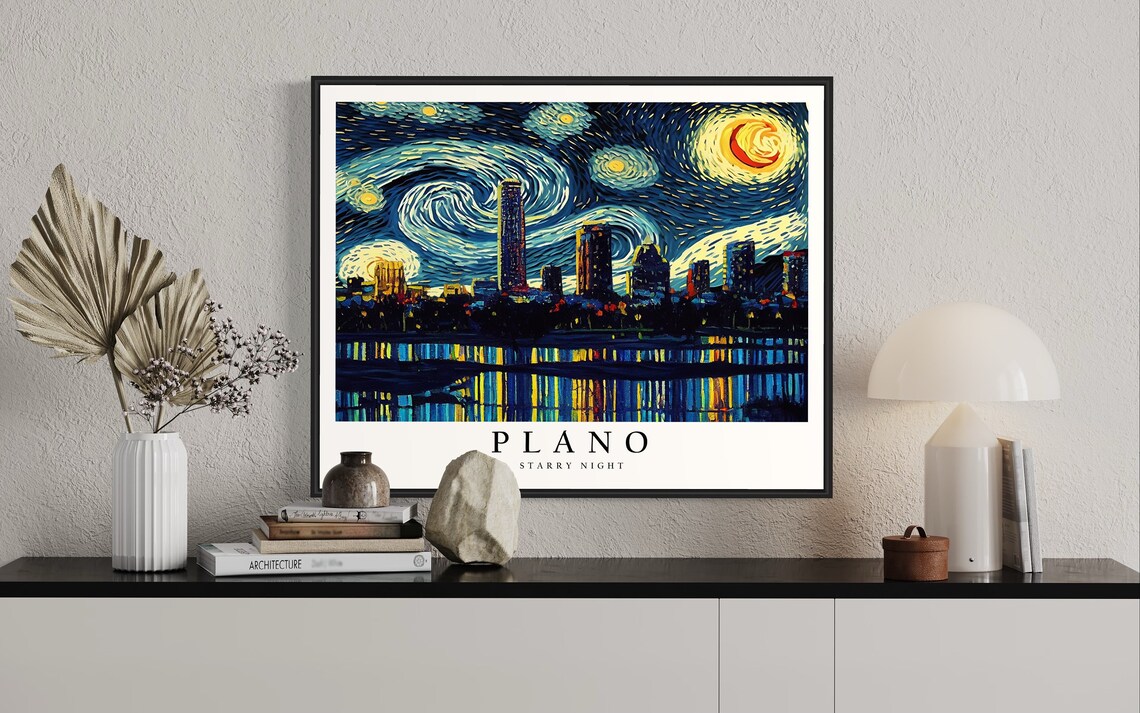 Plano Texas Starry Night Van Gogh Style Skyline Water Reflection Poster - Image 2
