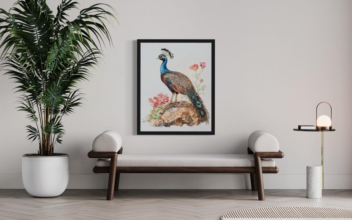 Peahen on a Rocky Perch with Pink Blossoms Watercolor Poster - Image 3