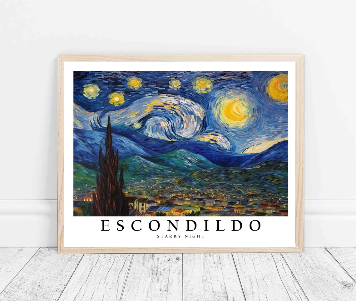 Escondildo Starry Night City Hills Tall Cypress Tree View Poster - Image 3