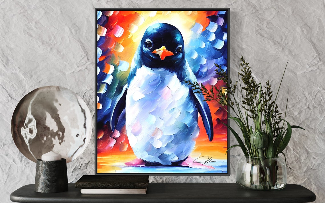 Colorful Penguin Portrait Modern Impressionist Animal Art Poster