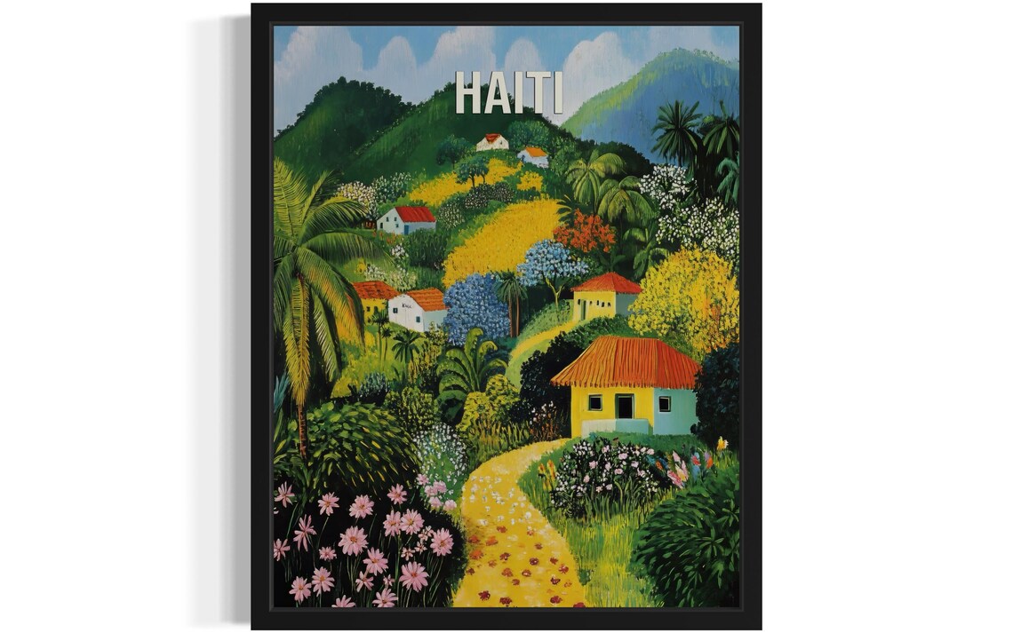 Haiti Lush Tropical Palm Valley Colorful Naive Folk Art Poster