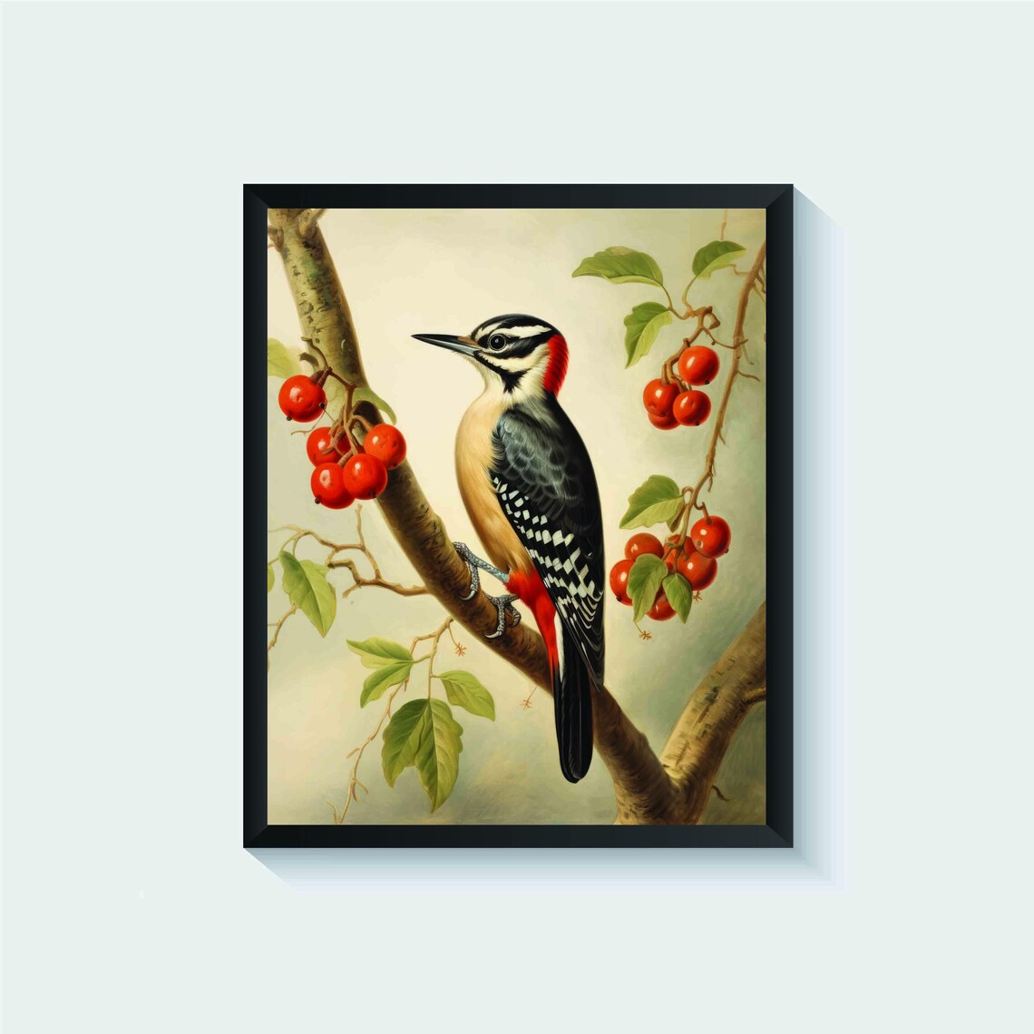 Great Spotted Woodpecker on a Berry Branch Vintage Songbird Poster