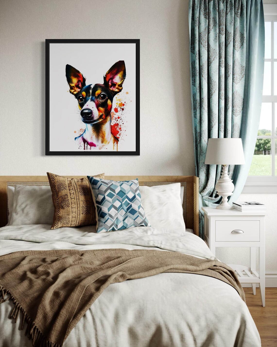 Alert Rat Terrier Dog Vibrant Rainbow Watercolor Portrait Poster - Image 4