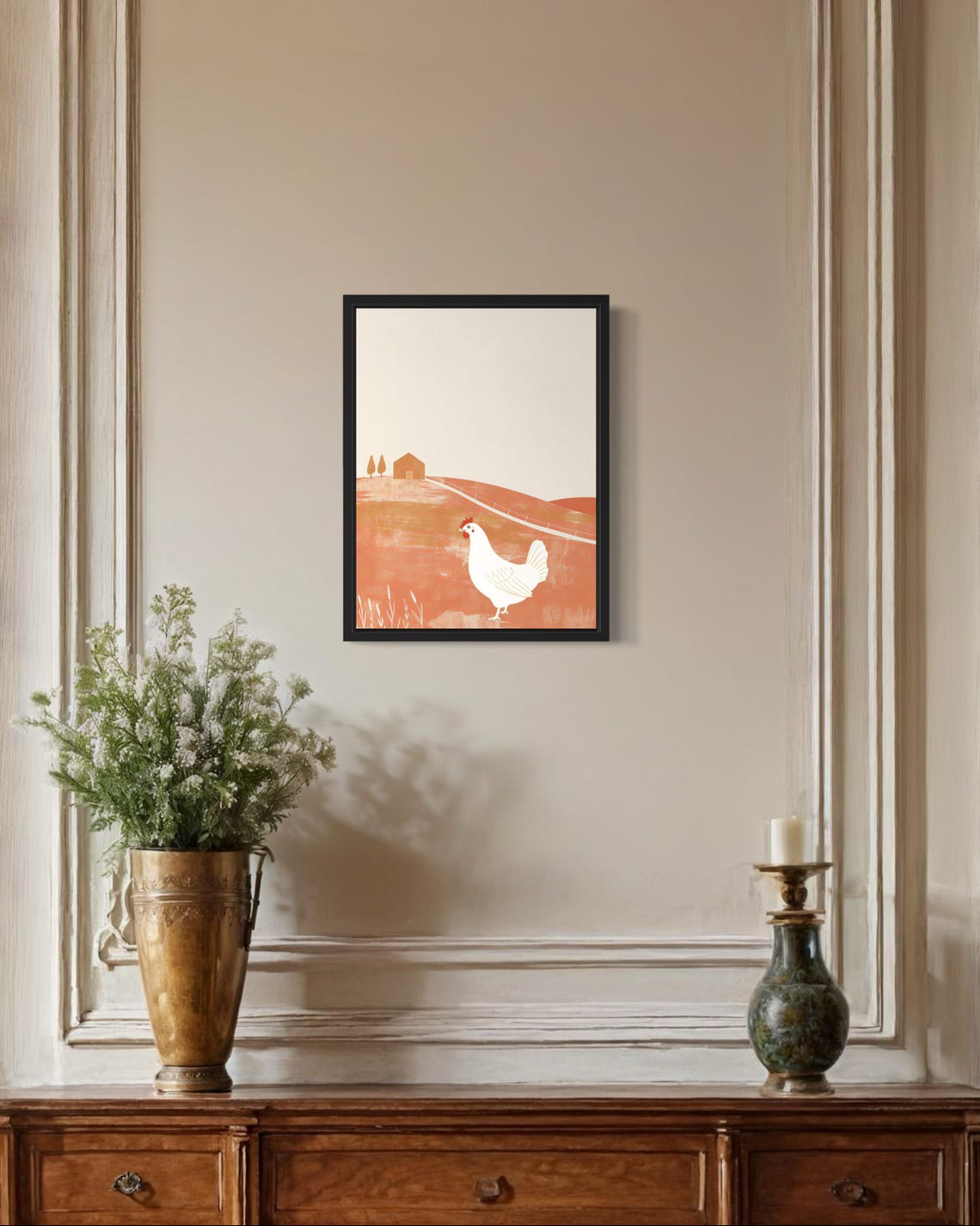 White Hen Terracotta Field Farmhouse Landscape Artwork Poster - Image 2