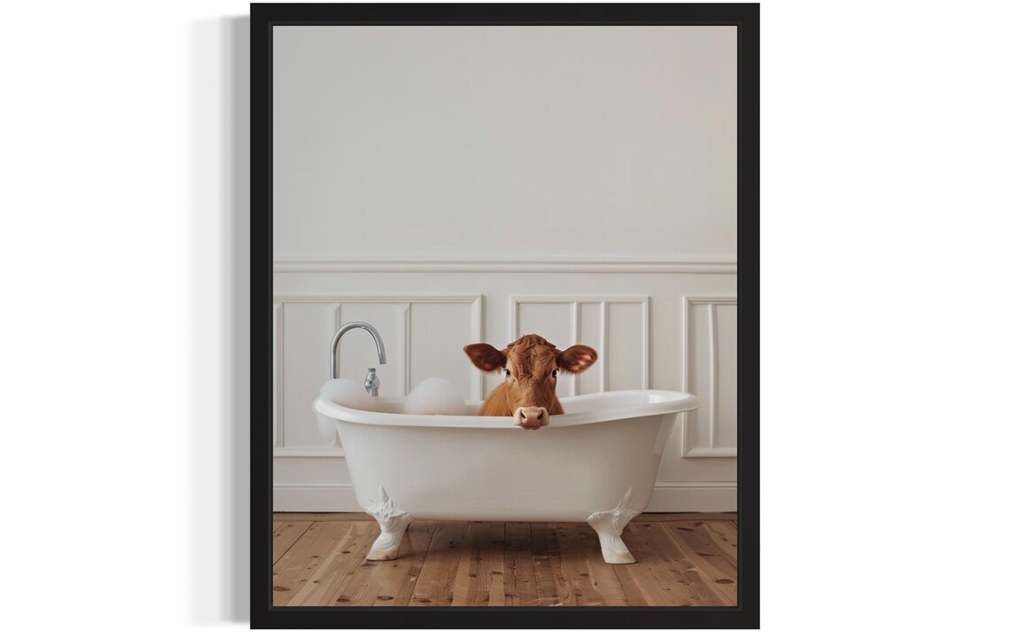 Gentle Brown Cow Resting Chin On Vintage Clawfoot Bathtub Funny Poster