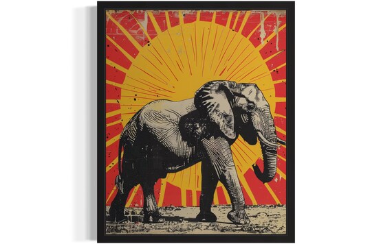 African Elephant Walking Against a Red Sunburst Pop Art Poster