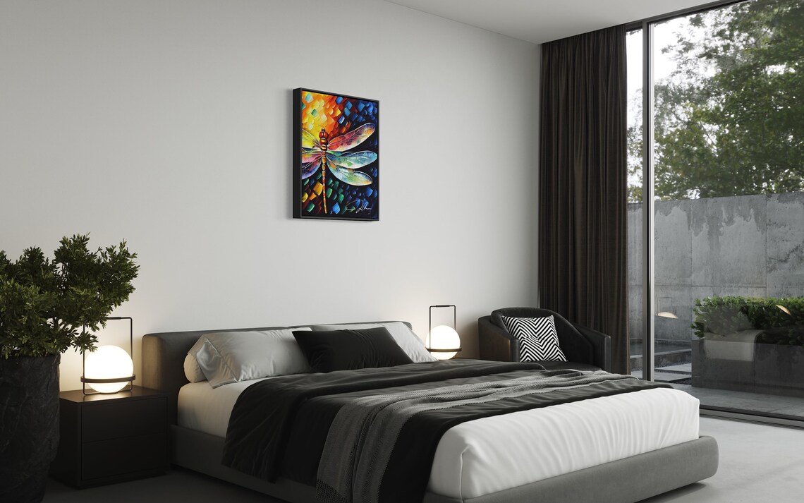 Colorful Dragonfly Mosaic Wings Glowing Oil Painting Nature Art Poster - Image 2