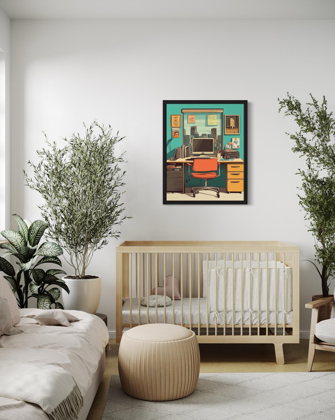 Retro Office Workspace With Orange Chair and City View Poster - Image 2