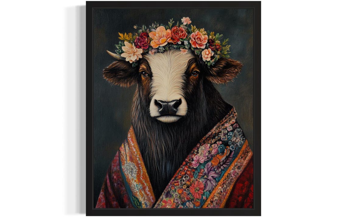 Musk Ox Wearing Flower Crown and Floral Robe Fine Art Decor Poster